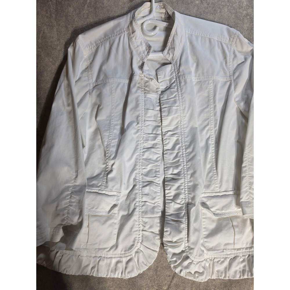 Chico's White Ruffle Trim Denim Style Jacket Size 3 Large XL Cotton Spandex